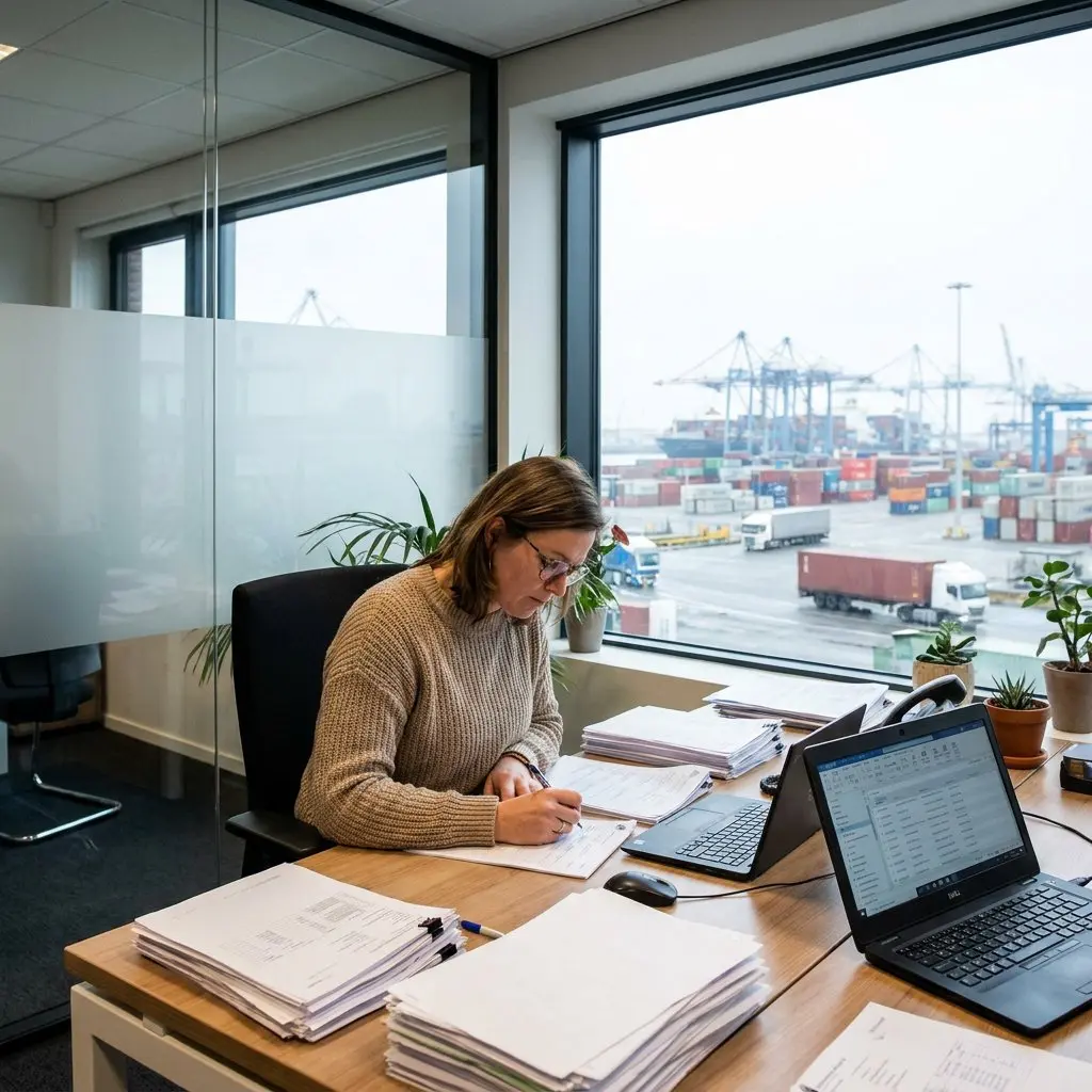Woman in a beige knit sweater filling in paperwork at a desk stacked with documents and two laptops, in an office overlooking a container terminal with cranes and trucks.